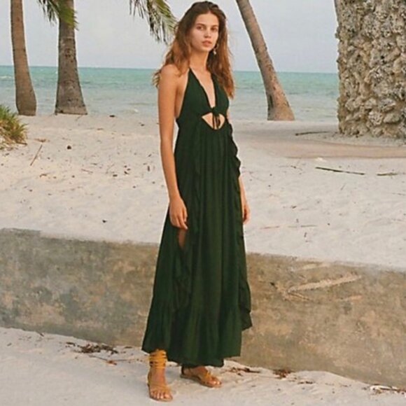 Free People Yvette Cut Out Maxi Dress Ruffle Endless Summer Emerald Green L RARE - Picture 1 of 8